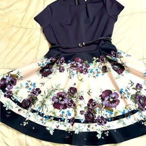 Ted Baker London STEFH Enchantment Skater Dress dark blue belted size 5/USA 10